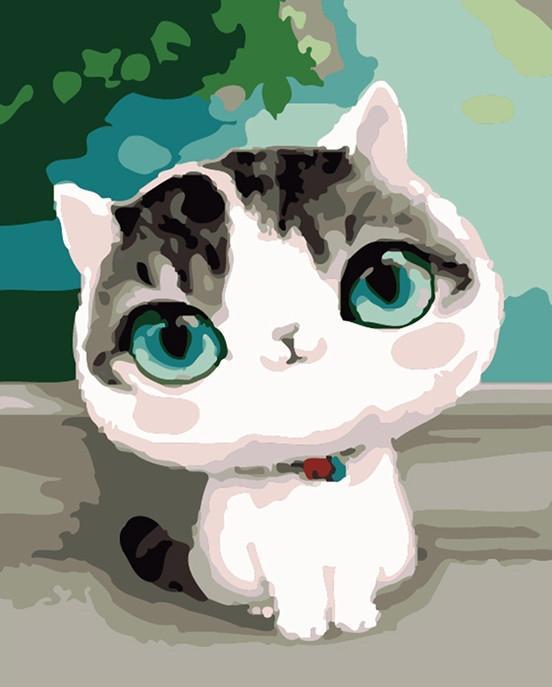 Cartoon Kat met Grote Ogen Schilderen op Nummers