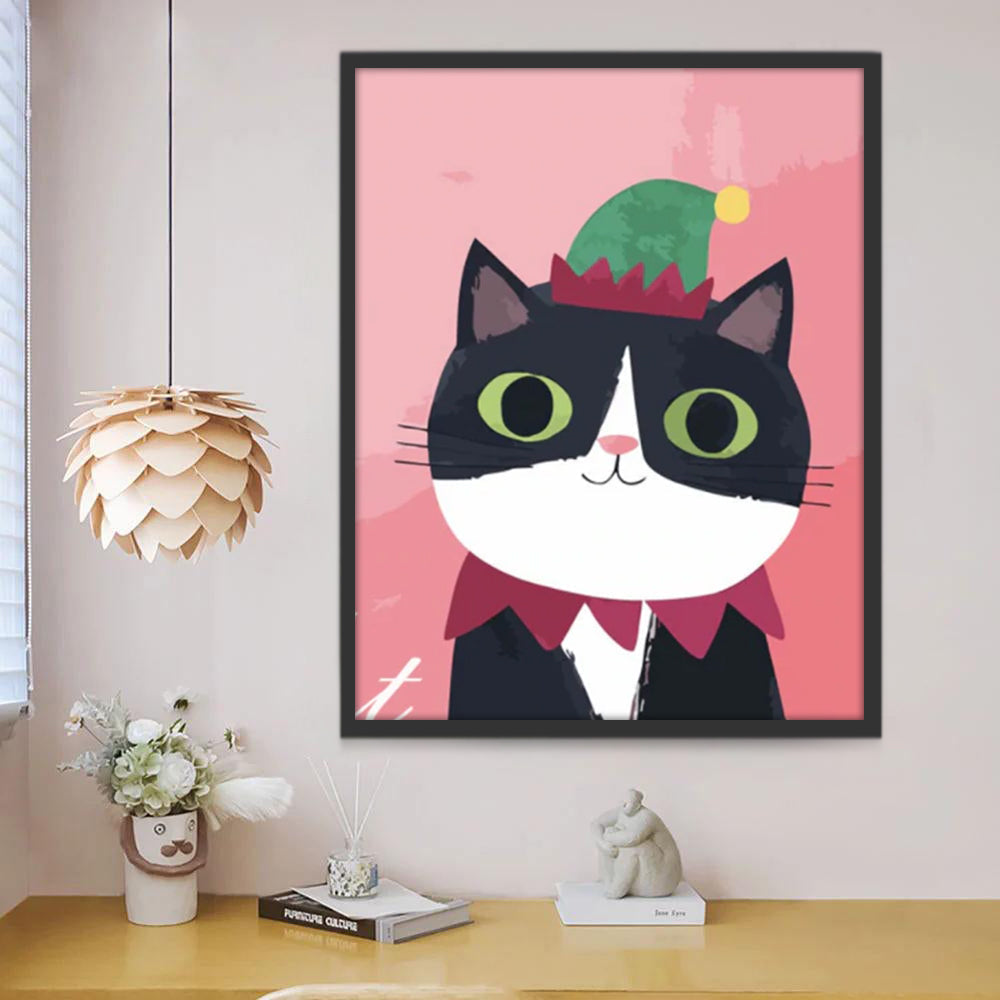 Cartoon Kat met Kerstmuts Schilderen op Nummers