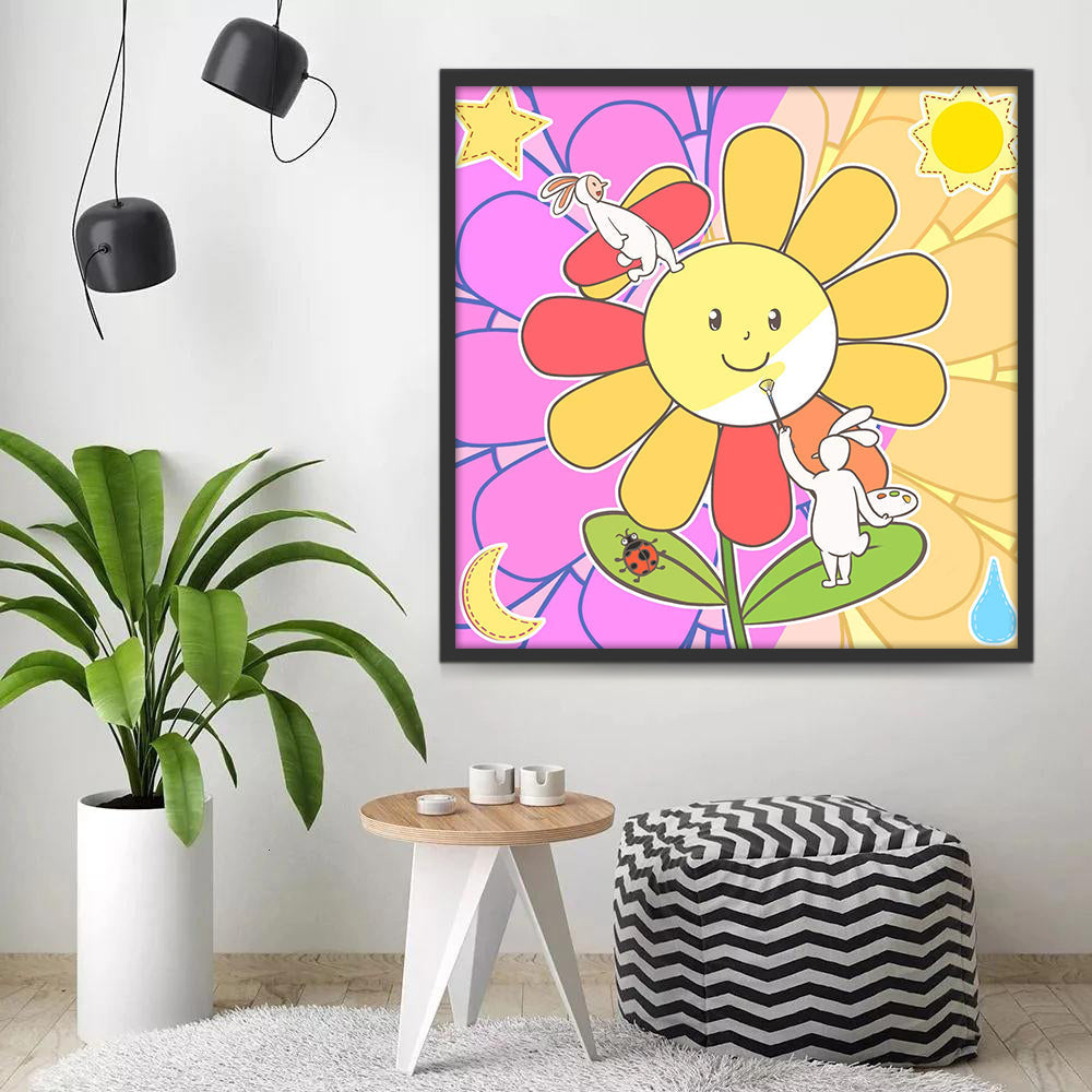 Cartoon Konijn en Zonnebloemen Schilderen op Nummers