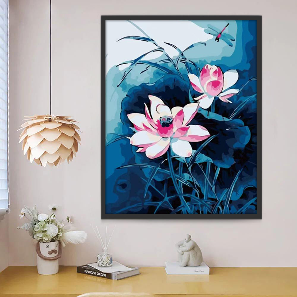 Cartoon Lotusbloemen op een Blauwe Achtergrond Schilderen op Nummers