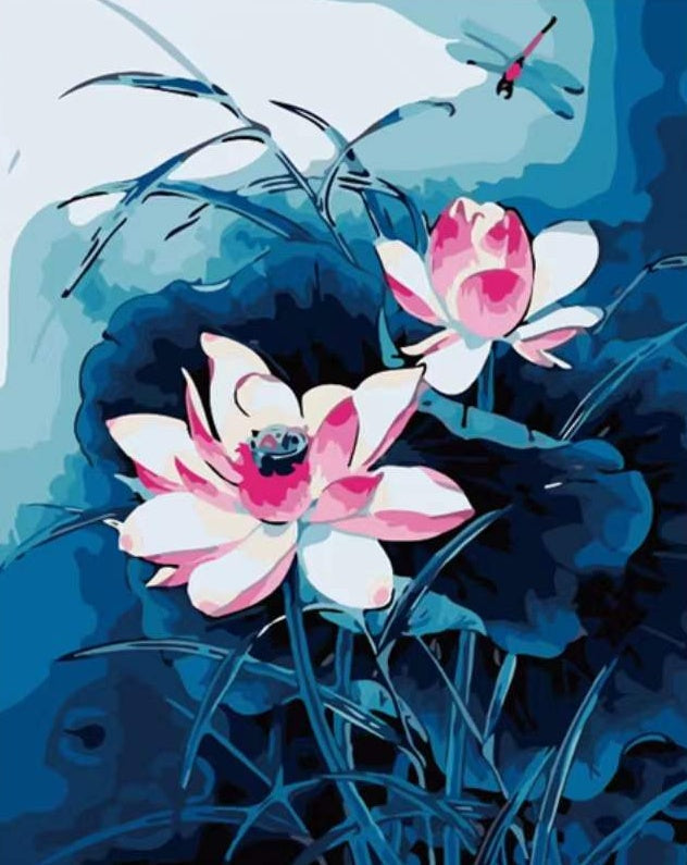 Cartoon Lotusbloemen op een Blauwe Achtergrond Schilderen op Nummers