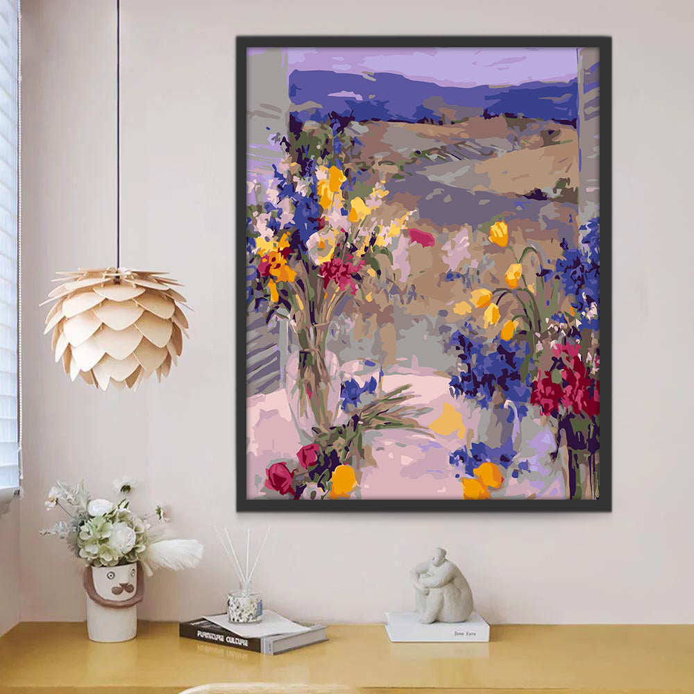 Cartoon Olieverfschilderij Stijl Vier Boeketten Bloemen Schilderen op Nummers