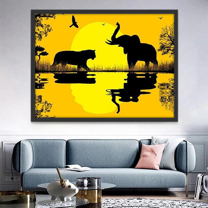 Cartoon Olifant en Tijger bij Zonsondergang Schilderen op Nummers