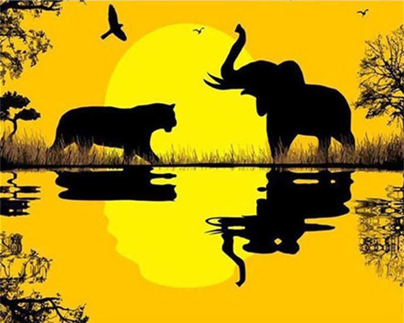Cartoon Olifant en Tijger bij Zonsondergang Schilderen op Nummers