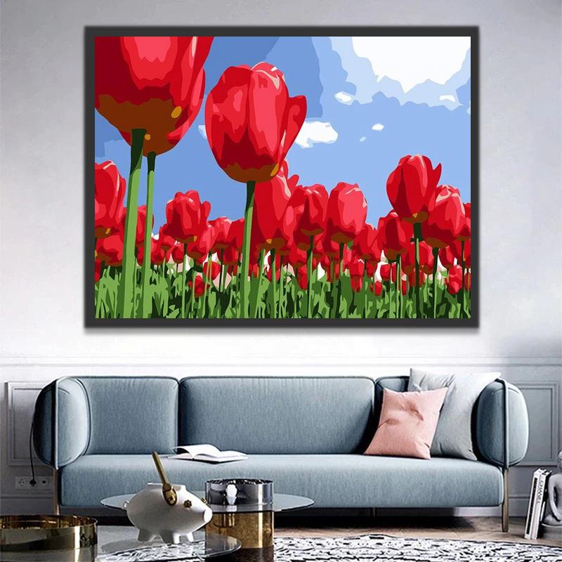 Cartoon Rode Tulpen onder een Blauwe Lucht Schilderen op Nummers