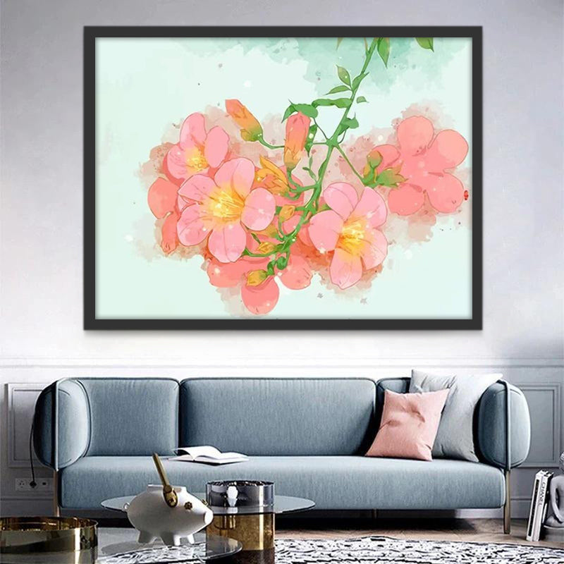 Cartoon Roze Bloemen op een Lichtgroene Achtergrond Schilderen op Nummers
