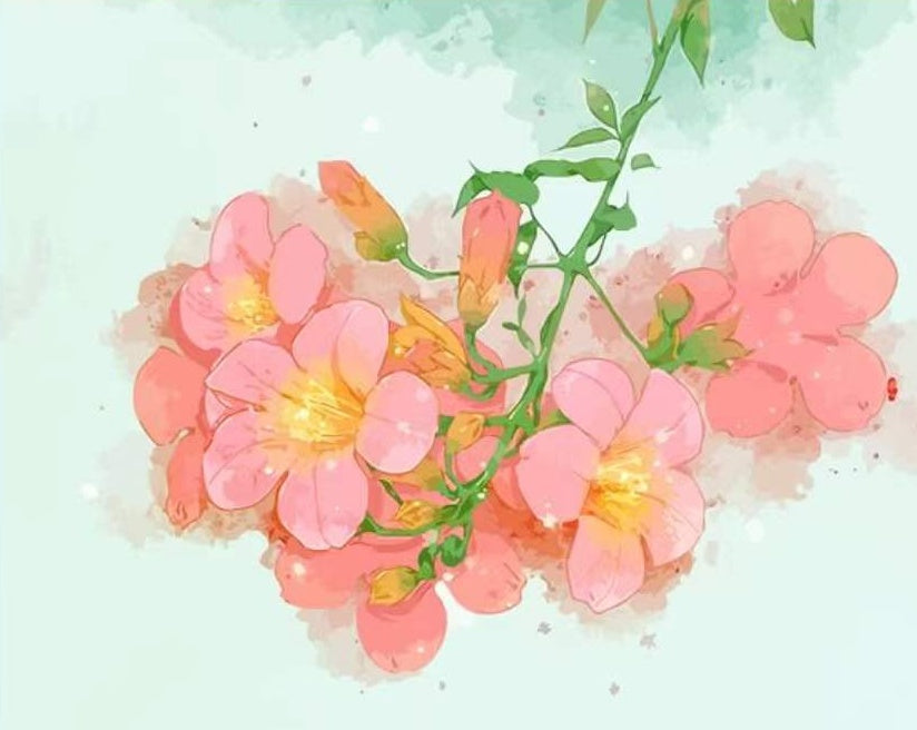 Cartoon Roze Bloemen op een Lichtgroene Achtergrond Schilderen op Nummers