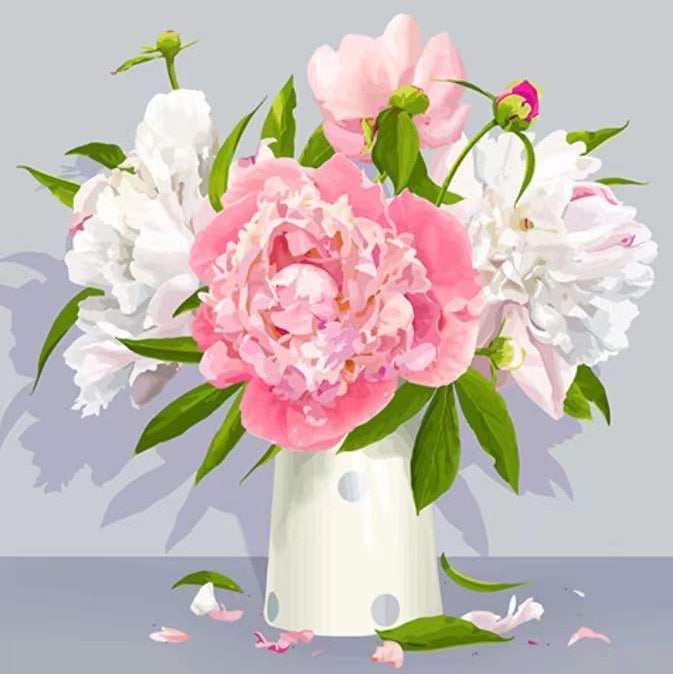 Cartoon Roze en Witte Pioenrozen Schilderen op Nummers