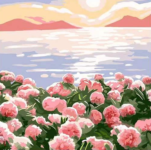 Cartoon Roze Rozen bij het Meer Schilderen op Nummers