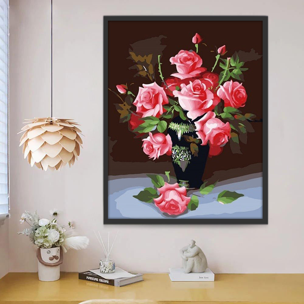 Cartoon roze rozen op blauw tafelkleed Schilderen op Nummers
