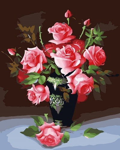 Cartoon roze rozen op blauw tafelkleed Schilderen op Nummers