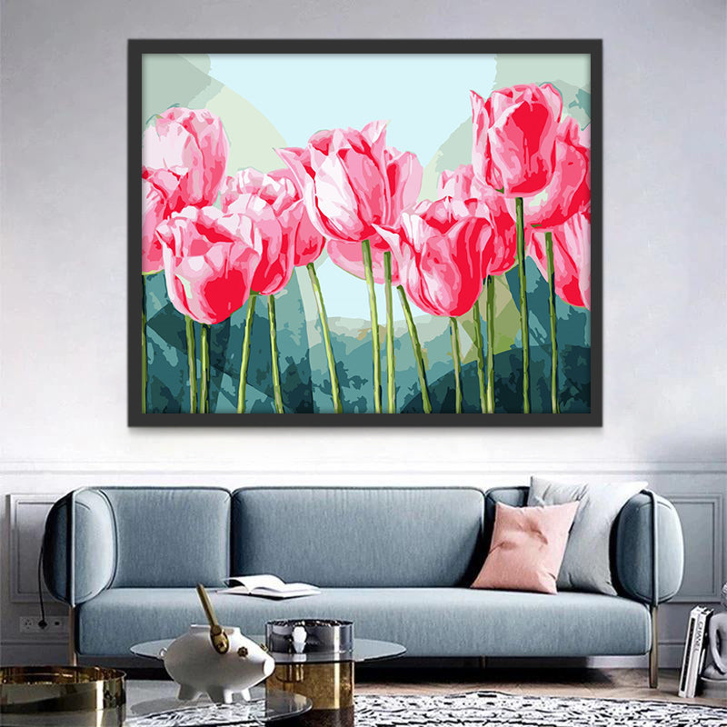Cartoon Roze Tulpen op Groene Achtergrond Schilderen op Nummers