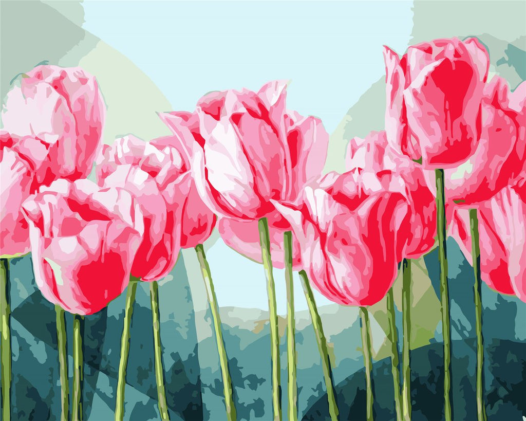 Cartoon Roze Tulpen op Groene Achtergrond Schilderen op Nummers