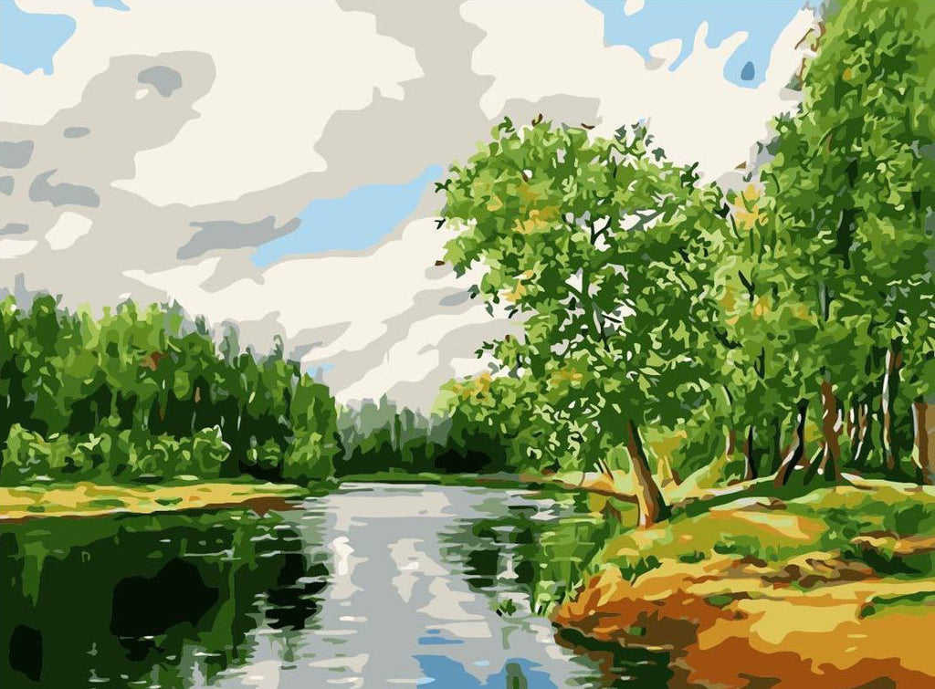 Cartoon Weelderig Groene Bomen aan de Oever van de Rivier Schilderen op Nummers