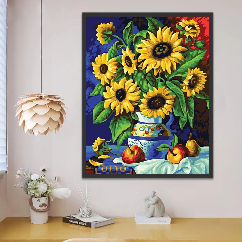 Cartoonfruit en Zonnebloemen op Tafel Schilderen op Nummers