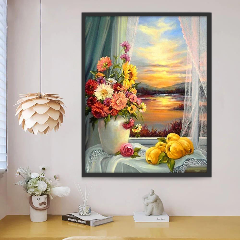 Chrysanten en Fruit bij het Raam met Uitzicht op het Meer Schilderen op Nummers