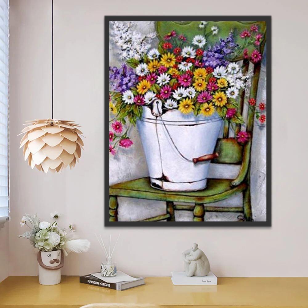 Chrysanten in een Emmer op een Groene Stoel Schilderen op Nummers