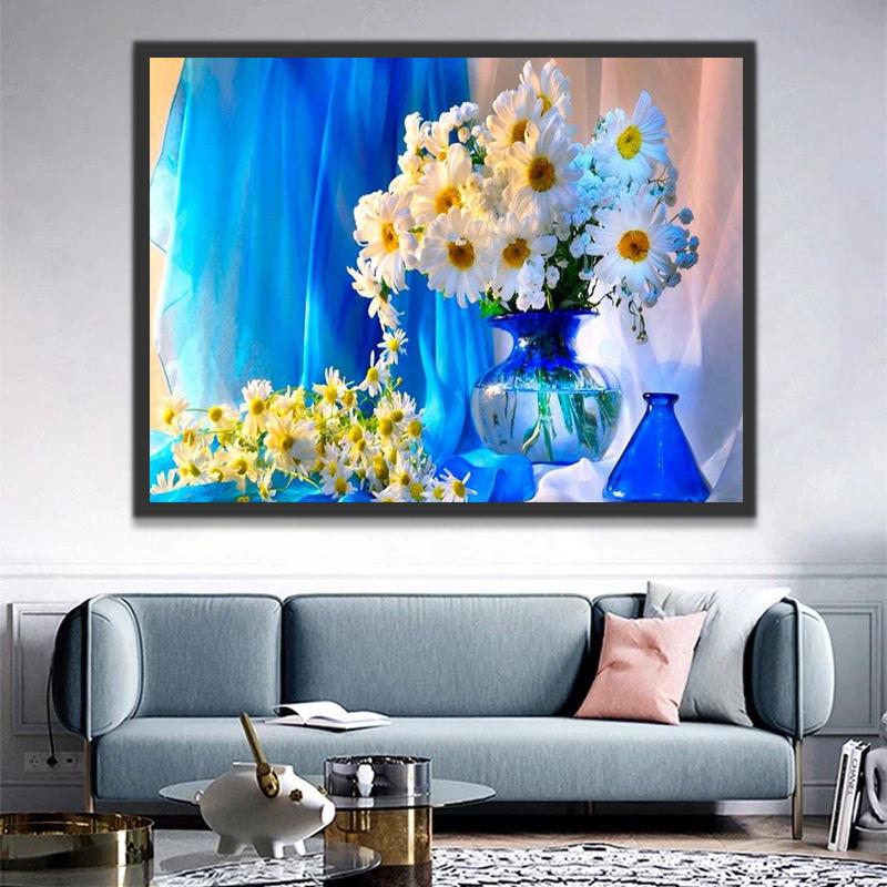 Chrysanten op het Blauwe Vensterscherm Schilderen op Nummers