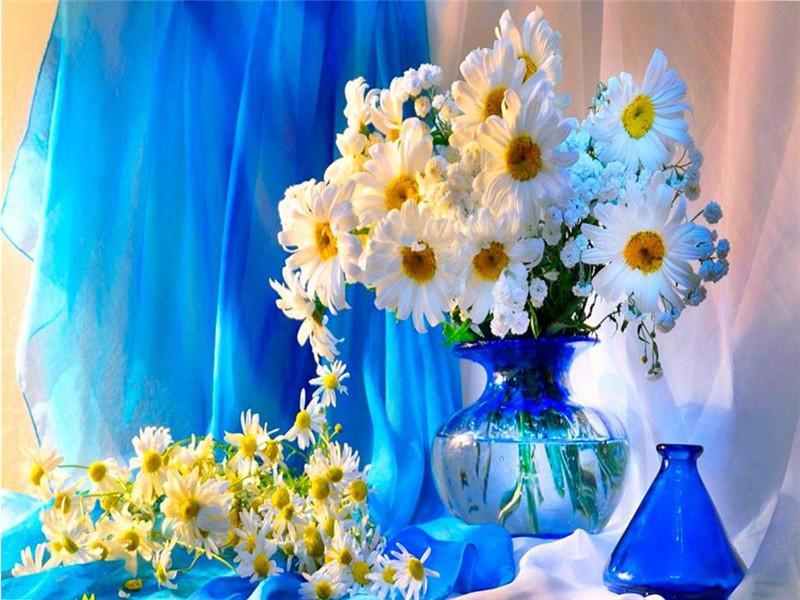 Chrysanten op het Blauwe Vensterscherm Schilderen op Nummers