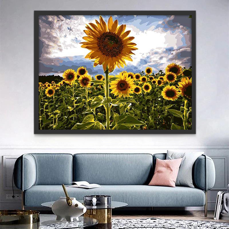 Close-up van een Zonnebloem in een Zonnebloemenstruik Schilderen op Nummers
