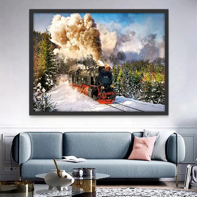 Dampende Trein door Winterlandschap Schilderen op Nummers