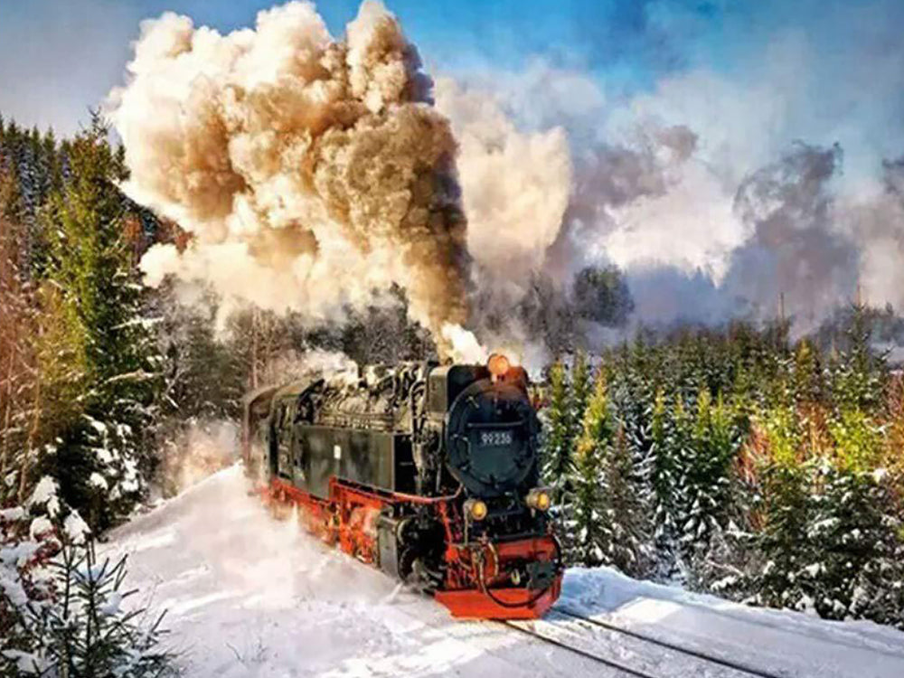 Dampende Trein door Winterlandschap Schilderen op Nummers