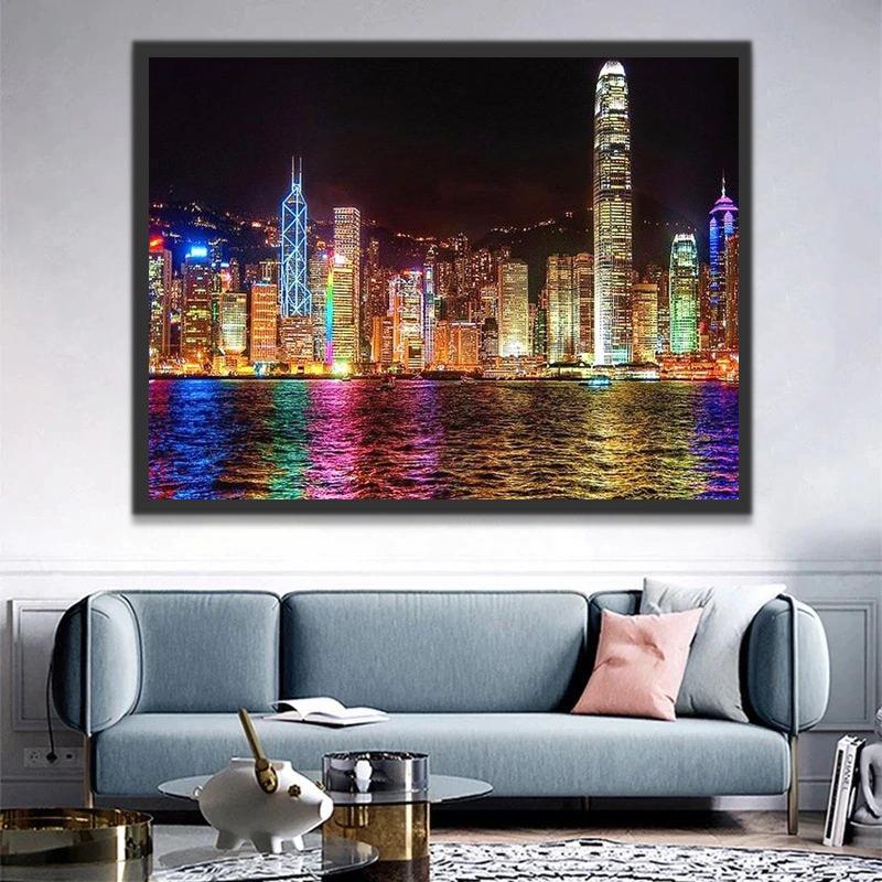 De Adembenemende Nachtelijke Skyline van Hongkong Schilderen op Nummers