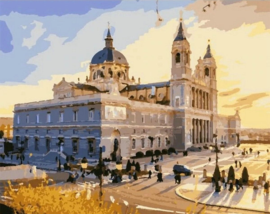 De Almudena Kathedraal Tijdens een Kleurrijke Zonsondergang Schilderen op Nummers