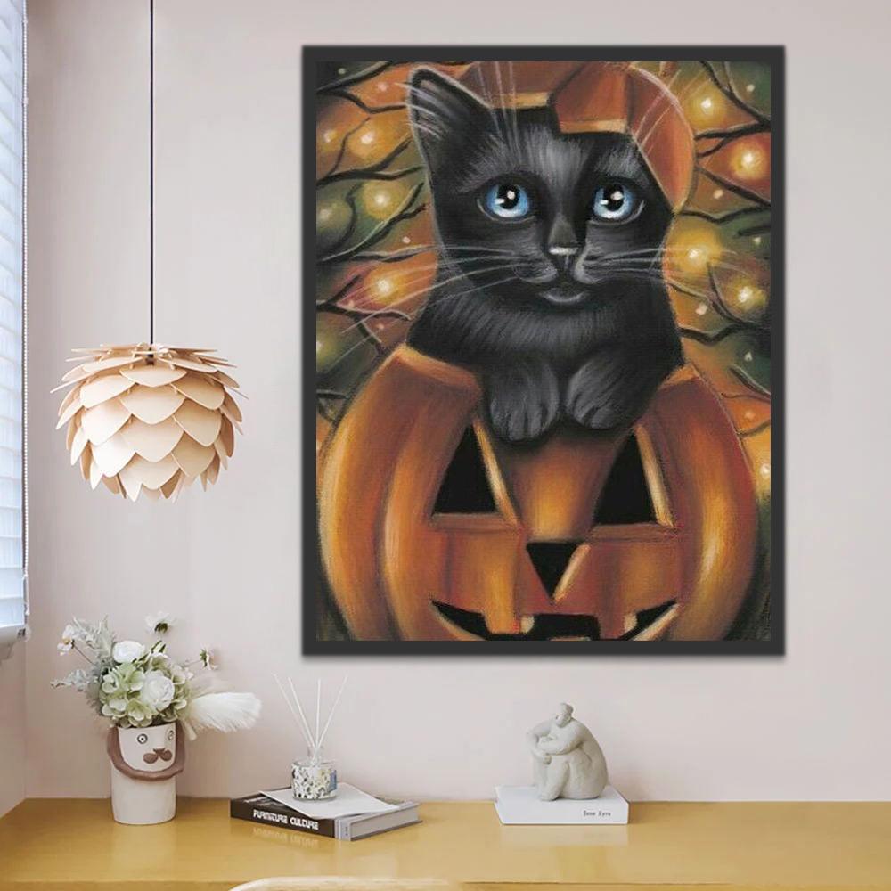 De Blauwogige Kat die in de Jack-o'-lantern Blijft Schilderen op Nummers