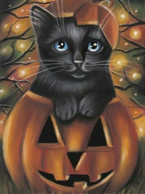 De Blauwogige Kat die in de Jack-o'-lantern Blijft Schilderen op Nummers
