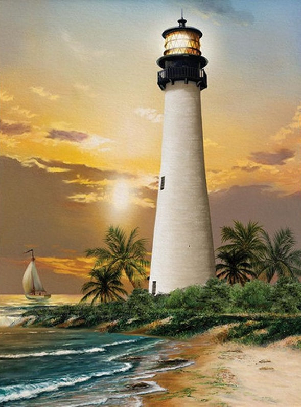 De Grote Witte Vuurtoren en de Zeilboten op Zee Schilderen op Nummers