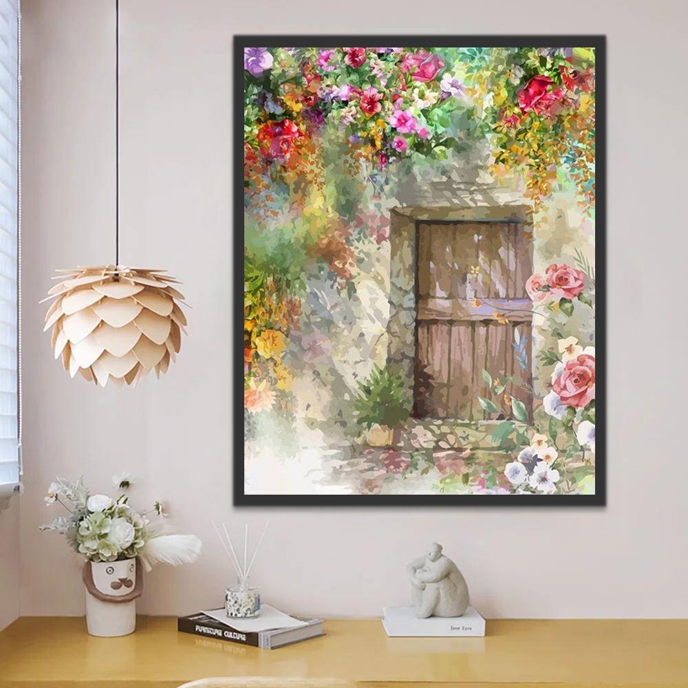 De Houten Deur Versierd met een Overvloed van Bloemen Schilderen op Nummers