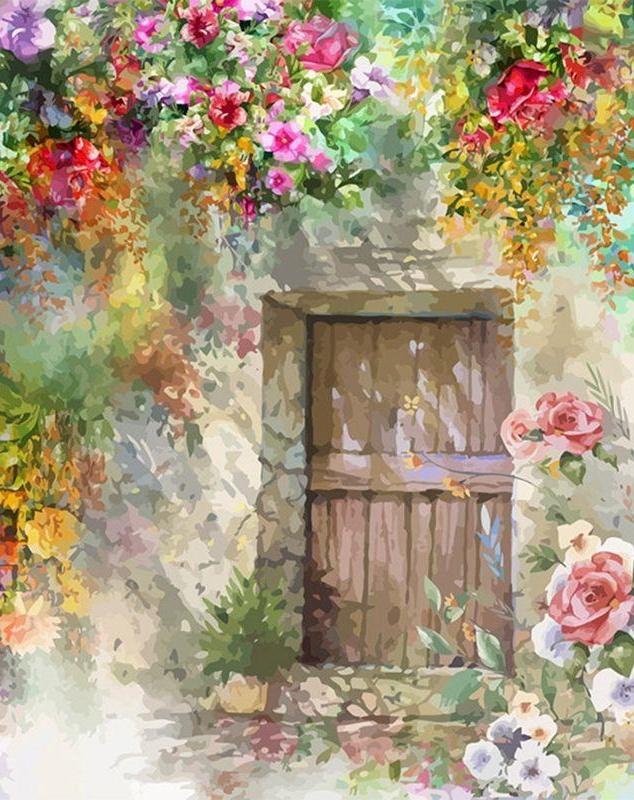 De Houten Deur Versierd met een Overvloed van Bloemen Schilderen op Nummers