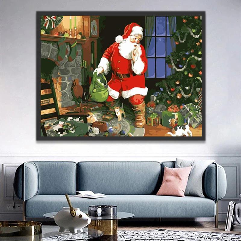 De Kerstman en een Puppy in de Woonkamer Schilderen op Nummers
