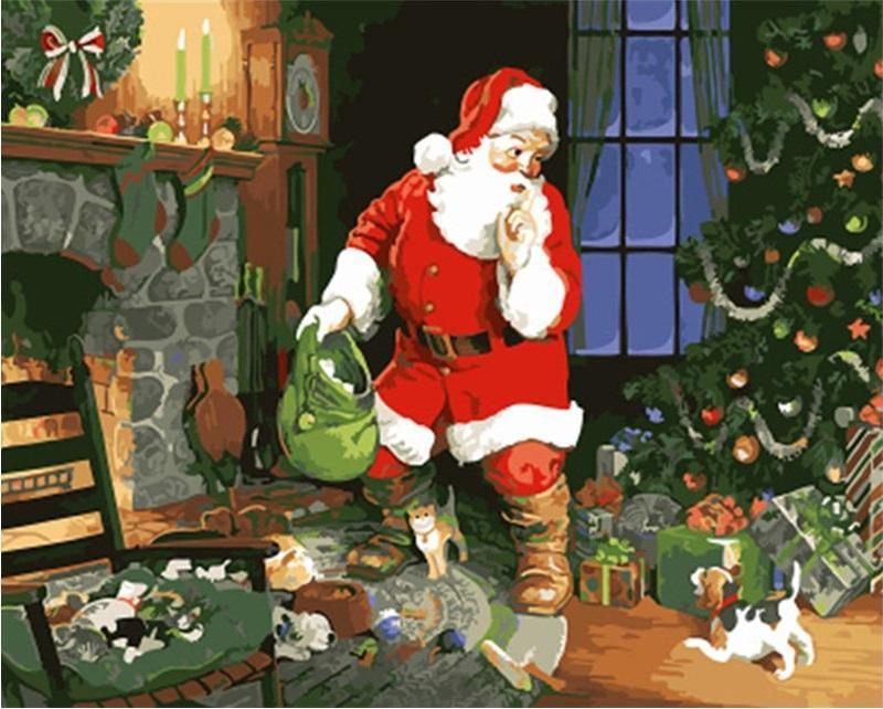 De Kerstman en een Puppy in de Woonkamer Schilderen op Nummers
