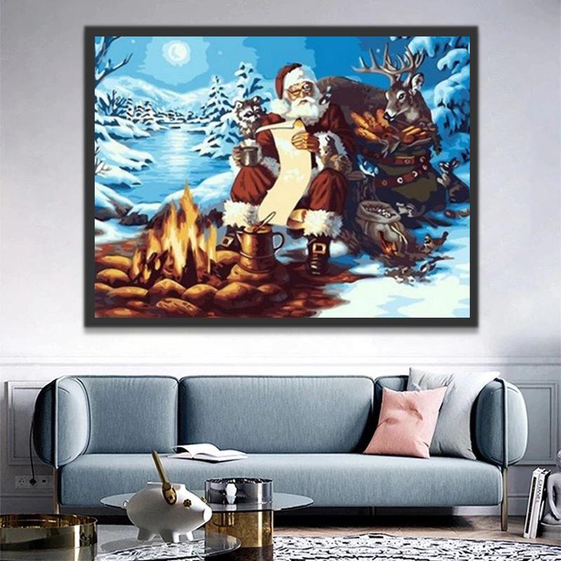 De Kerstman Warmt Zich op bij het Vreugdevuur Schilderen op Nummers