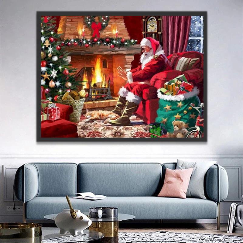De Kerstman Zit bij de Open Haard om Warm te Blijven Schilderen op Nummers