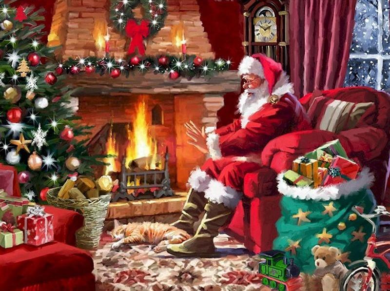 De Kerstman Zit bij de Open Haard om Warm te Blijven Schilderen op Nummers