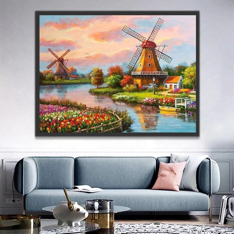 De Nederlandse Windmolens bij een Bloemrijke Waterkant Schilderen op Nummers