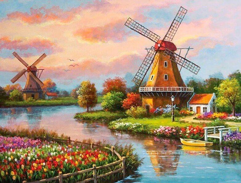 De Nederlandse Windmolens bij een Bloemrijke Waterkant Schilderen op Nummers