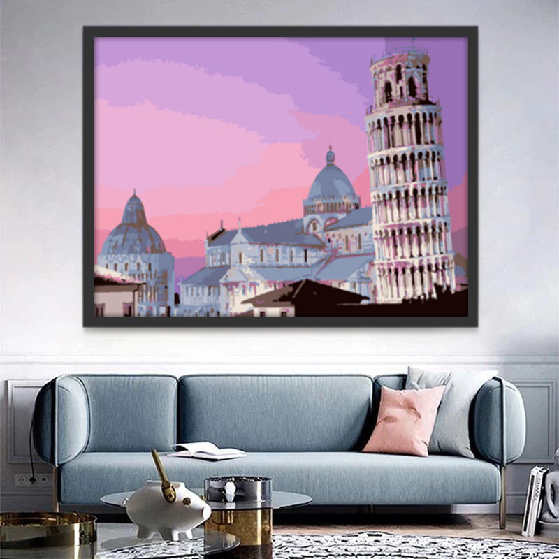 De Scheve Toren van Pisa onder een Roze en Paarse Hemel Schilderen op Nummers