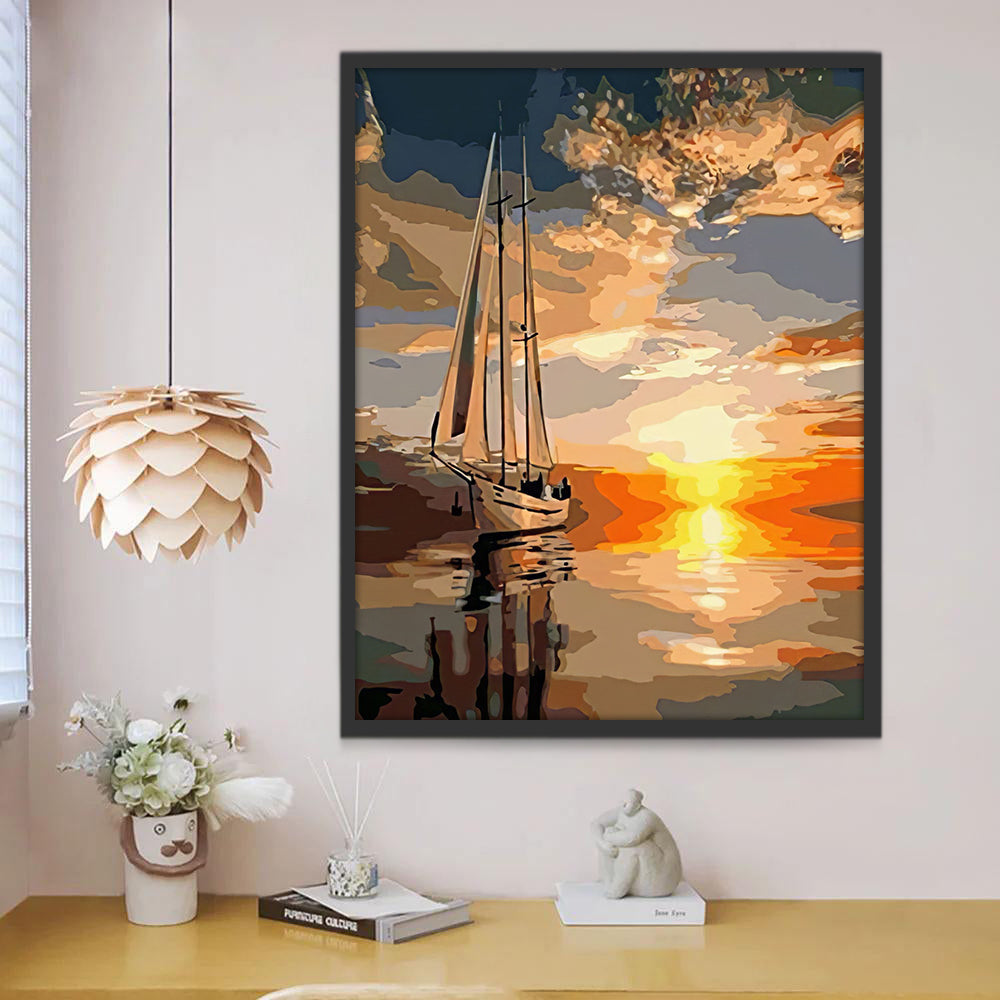 De Serene Zeilboot in de Goudgele Zonsondergang Schilderen op Nummers