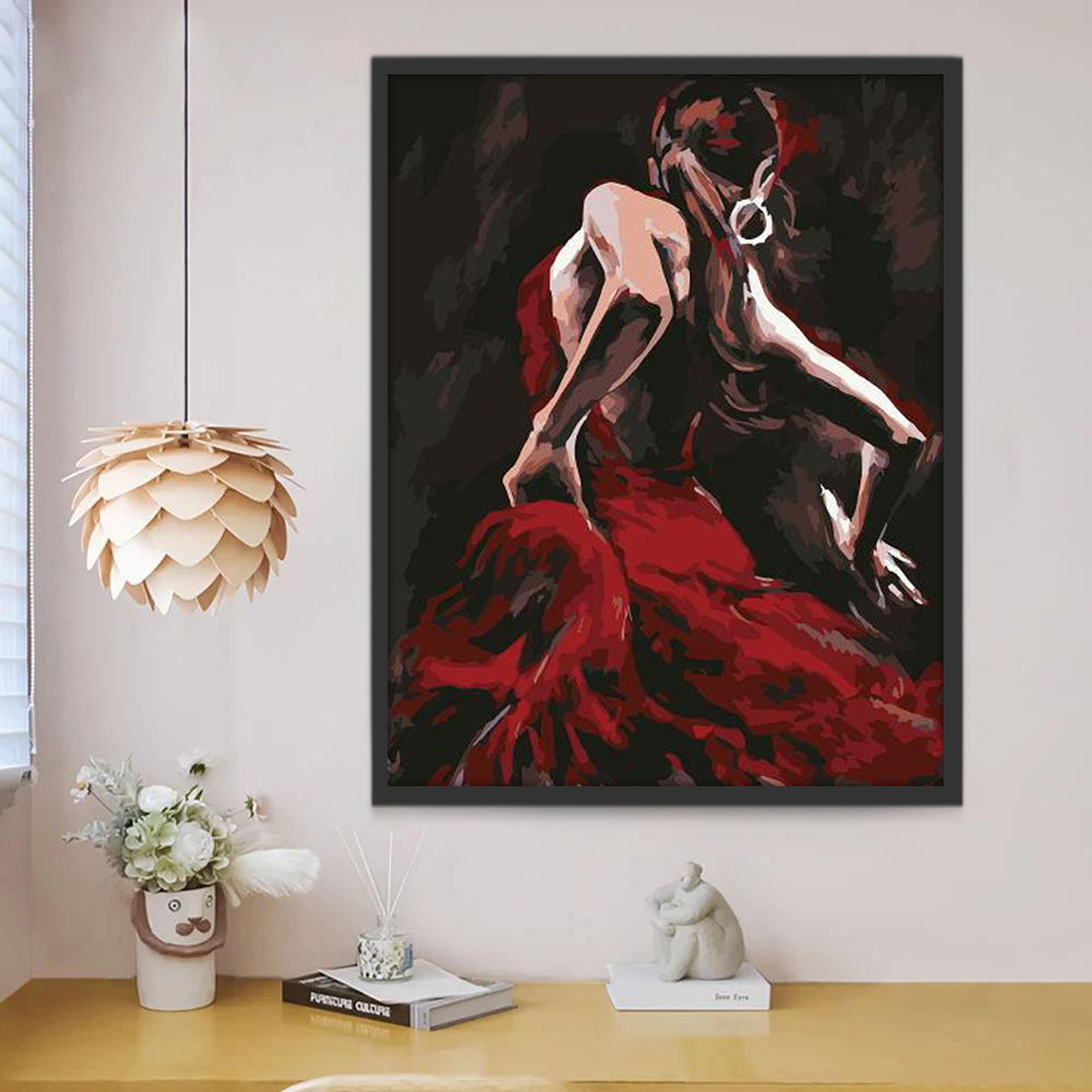 De Silhouet van een Danseres in Rood Schilderen op Nummers