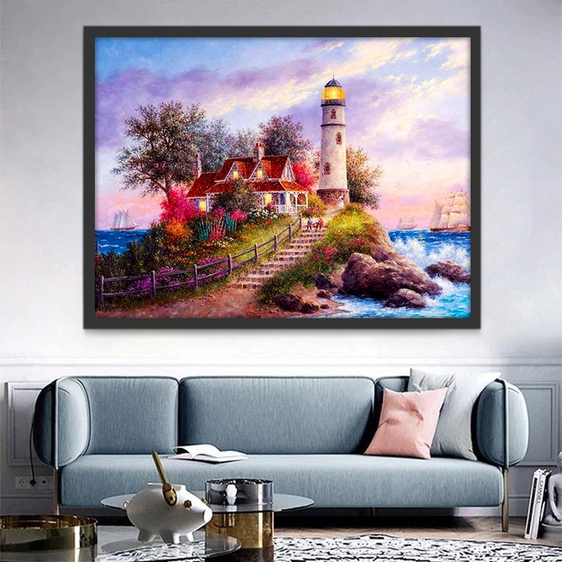 De Vuurtoren Naast het Huis en Zeilboten op Zee Schilderen op Nummers