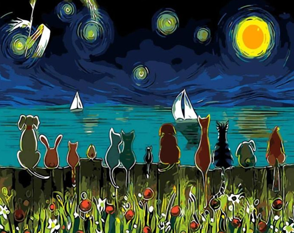 Dieren aan de Kust onder de Maan Schilderen op Nummers