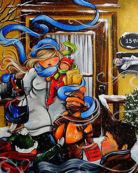 Dikke Vrouw met Kind in Winters Landschap Schilderen op Nummers