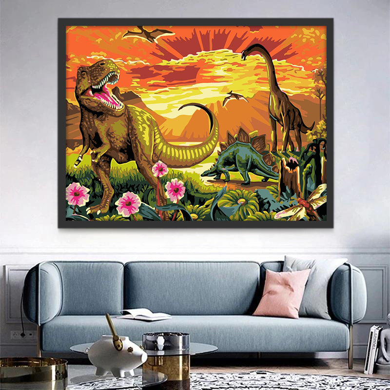 Dinosaurussen bij Zonsondergang Schilderen op Nummers