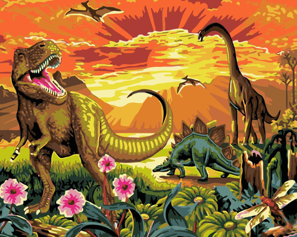Dinosaurussen bij Zonsondergang Schilderen op Nummers