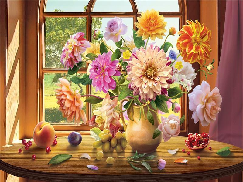 Diverse Vruchten en Potten Bloemen in de Zon bij het Raam Schilderen op Nummers