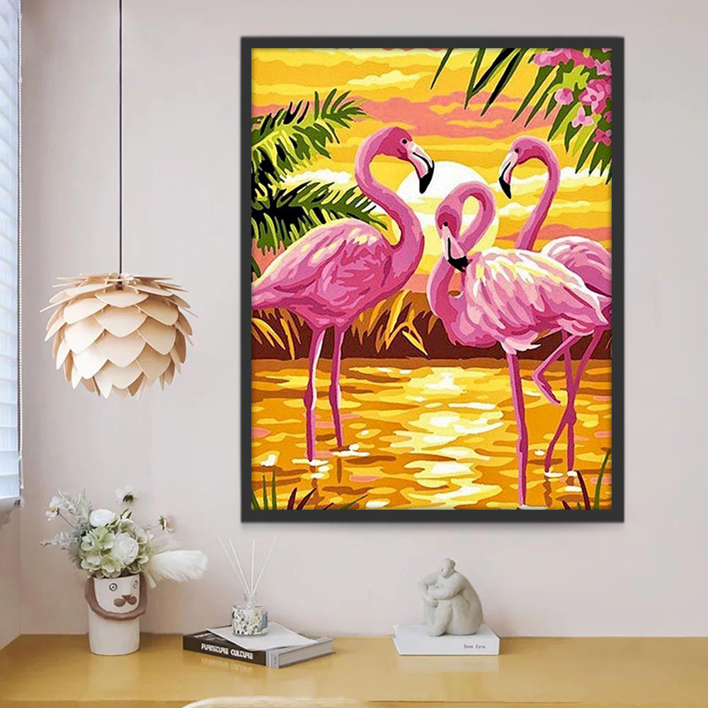 Drie Flamingo's bij Zonsondergang Schilderen op Nummers